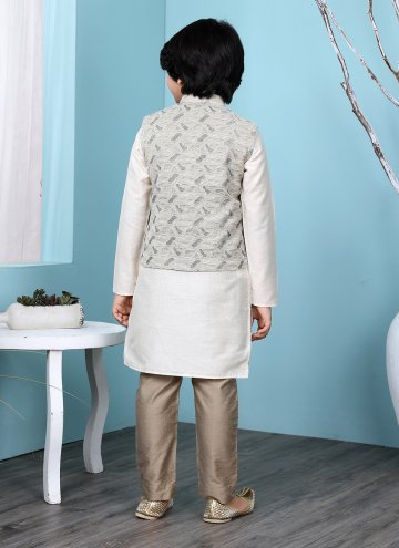 Fab Beige and Off White Cotton Silk Printed Kurta Payjama With Jacket