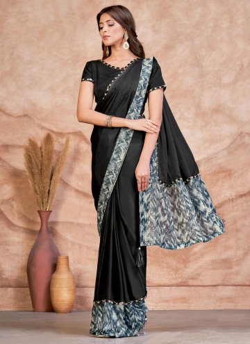 Fab Black Satin Silk Embroidered Contemporary Sare