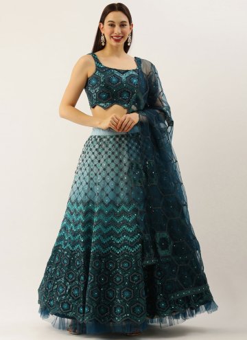 Fab Blue and Teal Net Embroidered A Line Lehenga C
