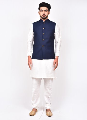Fab Blue and White Art Silk Buttons Kurta Payjama With Jacket for Ceremonial