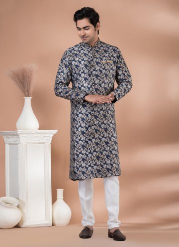 Fab Blue Jacquard Silk Embroidered Indo Western