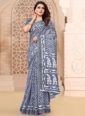 Fab Blue Linen Border Printed Sarees for Casual - 1