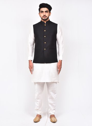 Fab Buttons Art Silk Black and White Kurta Payjama With Jacket