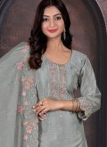 Fab Embroidered Chinon Grey Salwar Suit - 1