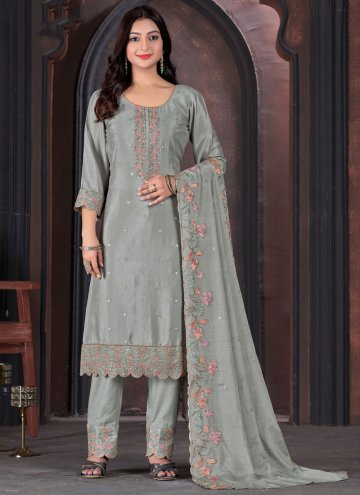 Fab Embroidered Chinon Grey Salwar Suit