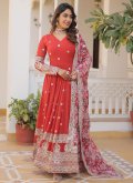 Fab Embroidered Faux Georgette Red Gown - 1