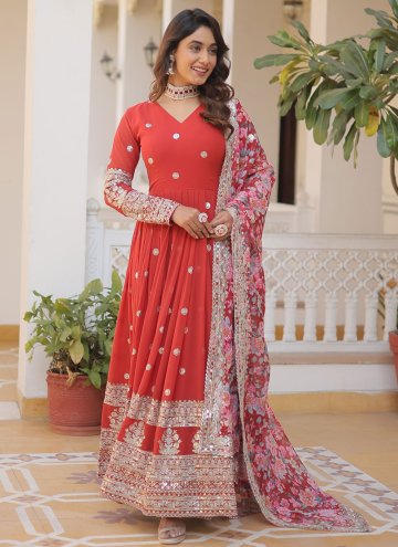 Fab Embroidered Faux Georgette Red Gown