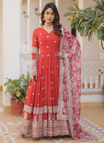 Fab Embroidered Faux Georgette Red Gown