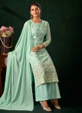 Fab Embroidered Georgette Sea Green Palazzo Suit - 1