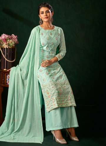 Fab Embroidered Georgette Sea Green Palazzo Suit