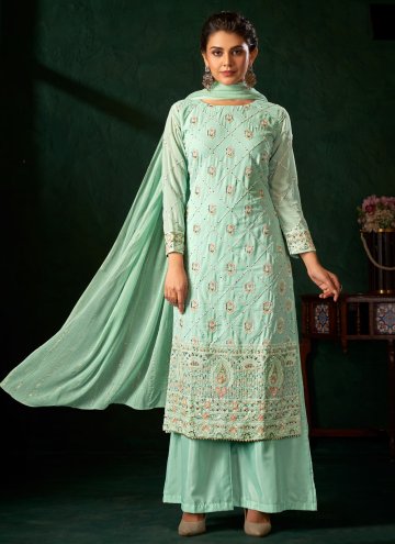 Fab Embroidered Georgette Sea Green Palazzo Suit