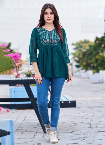 Fab Embroidered Georgette Teal Casual Kurti
