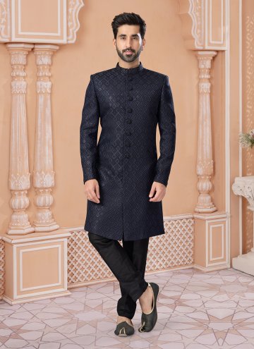 Fab Embroidered Jacquard Navy Blue Indo Western Sh