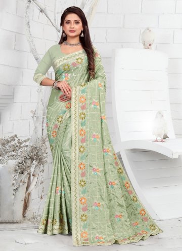 Fab Green Faux Crepe Embroidered Designer Saree fo