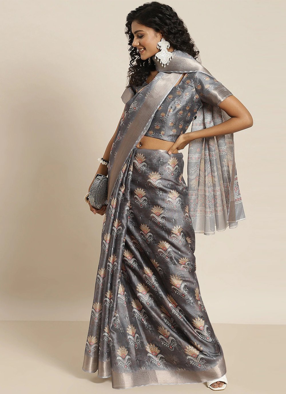 Fab Grey Silk Blend Woven Designer Saree