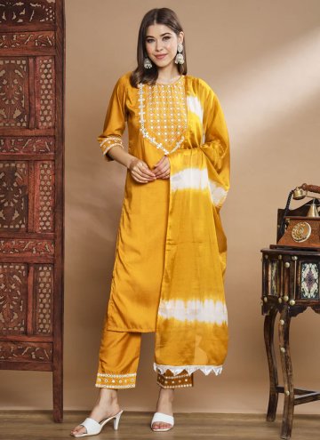 Fab Mustard Chinon Embroidered Salwar Suit for Fes