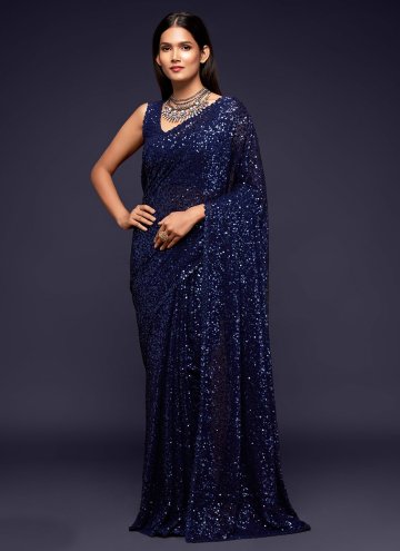 Fab Navy Blue Faux Georgette Sequins Work Classic 