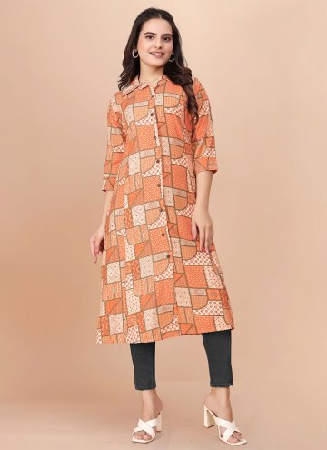 Fab Orange Soft Cotton Foil Print Designer Kurti