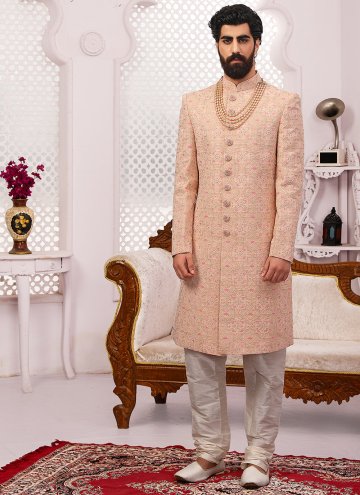 Fab Peach Georgette Embroidered Sherwani for Cerem