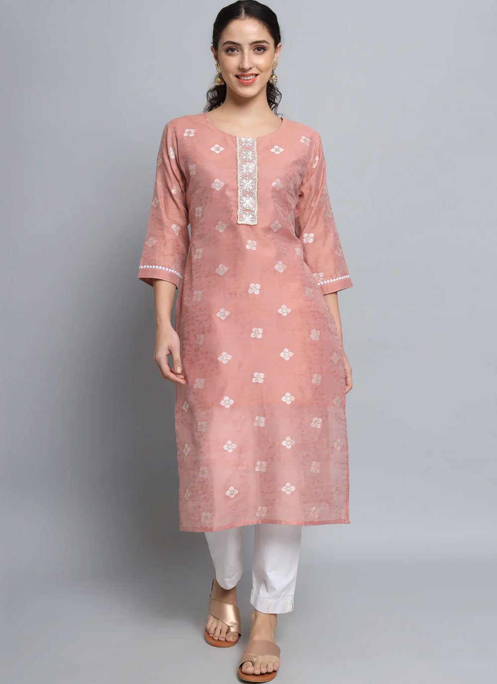 fab peach silk blend embroidered designer kurti 41321