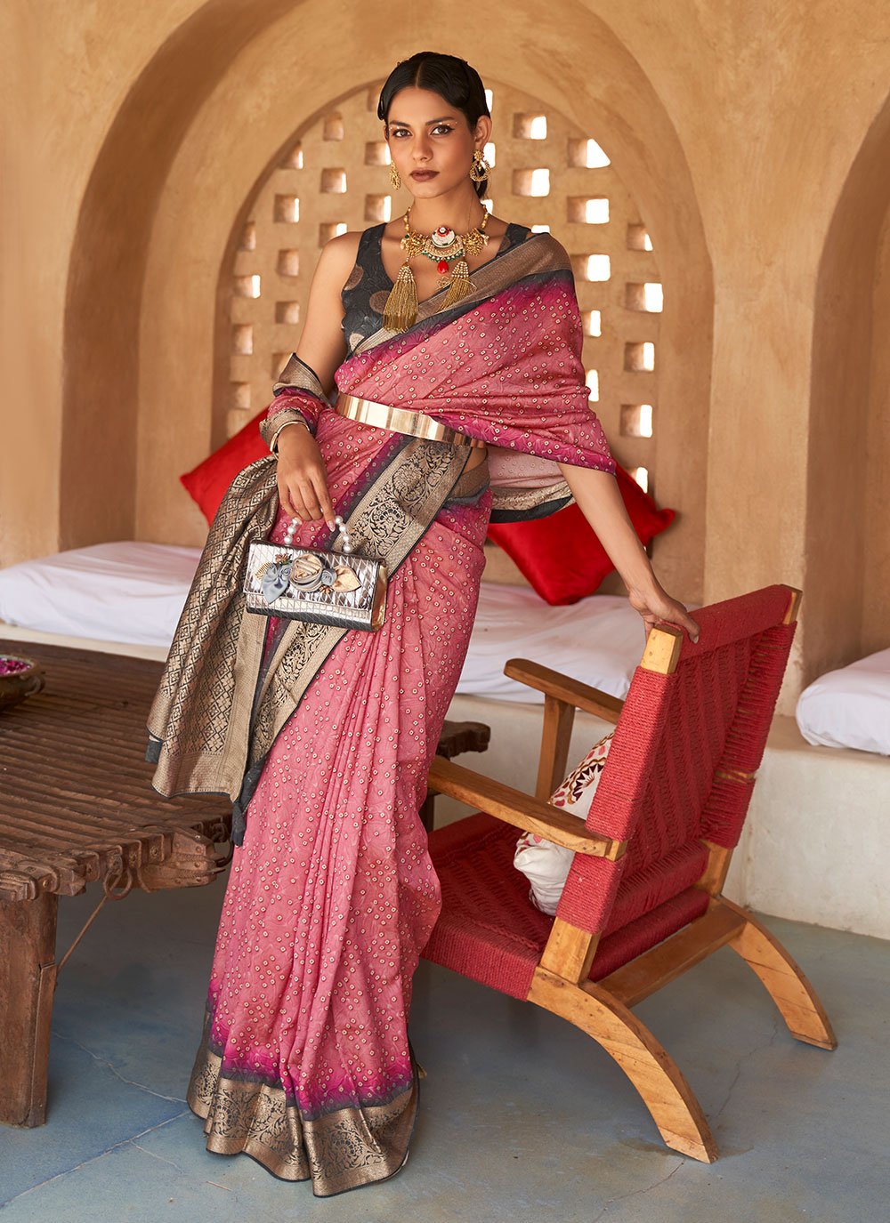 Fab Pink Silk Bandhej Print Classic Designer Saree