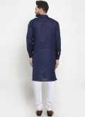 Fab Plain Work Blended Cotton Navy Blue Kurta Pyjama - 1