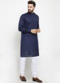 Fab Plain Work Blended Cotton Navy Blue Kurta Pyjama - 2