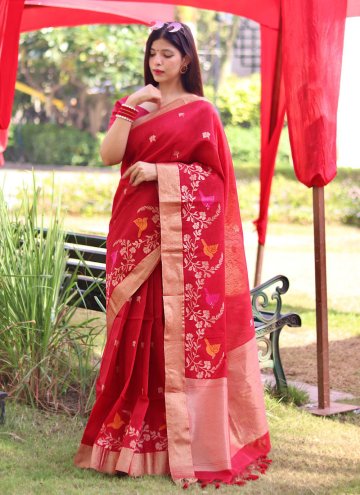 Fab Red Cotton Silk Woven Contemporary Saree for C