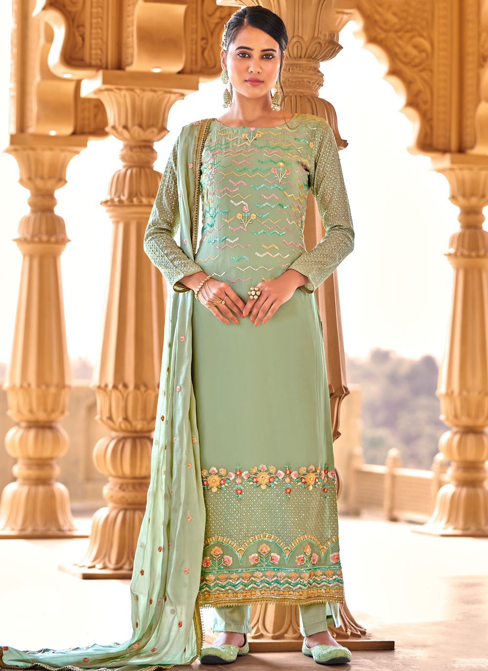 Fab Sea Green Faux Chiffon Embroidered Designer Straight Salwar Suit
