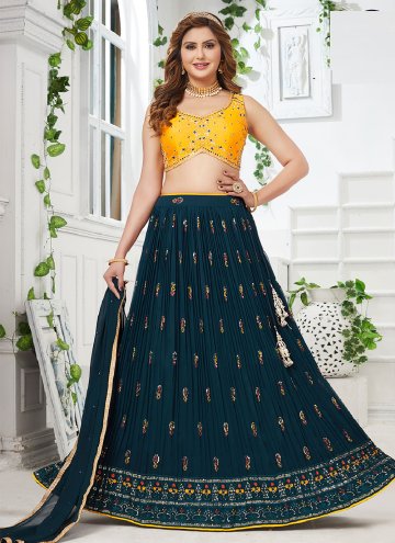 Fab Teal Georgette Embroidered A Line Lehenga Choli for Ceremonial