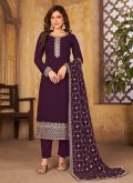 Fab Wine Faux Georgette Embroidered Trendy Suit - 1