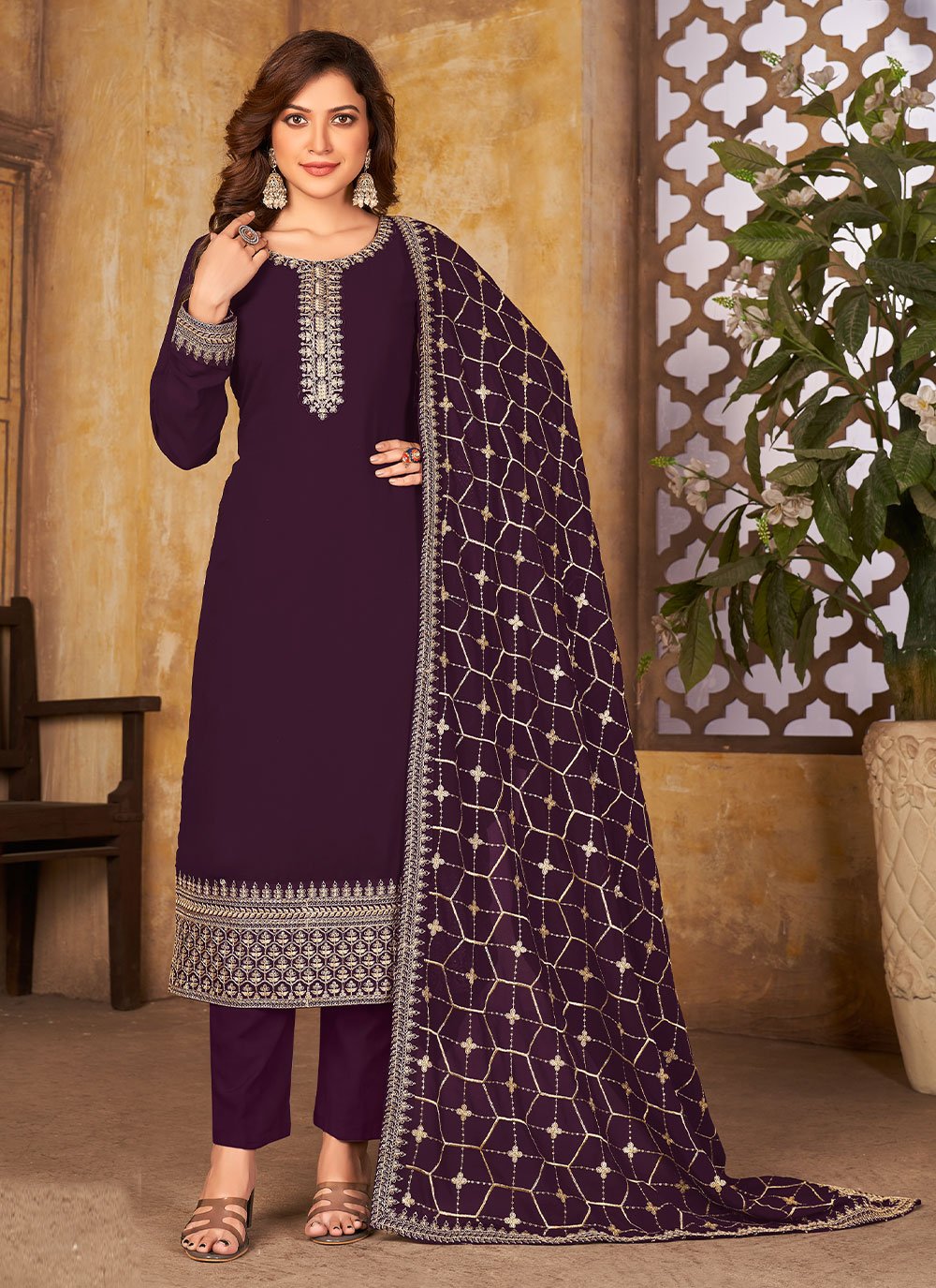 Fab Wine Faux Georgette Embroidered Trendy Suit