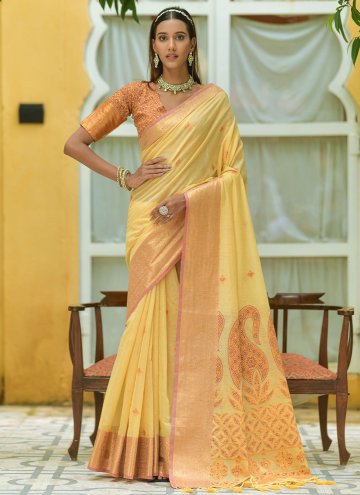 Fab Yellow Cotton  Woven Contemporary Saree for Engagement