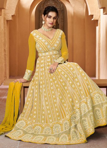 Fab Yellow Georgette Embroidered Readymade Designer Gown for Ceremonial