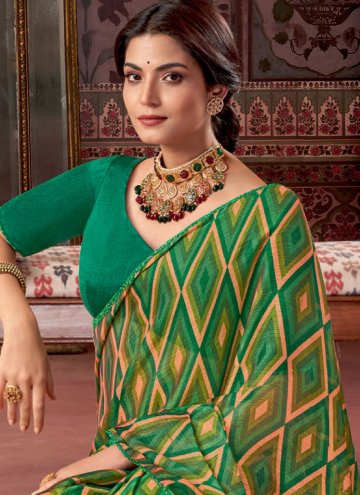 Fancy Fabric Classic Designer Saree in Green Enhanced with Print