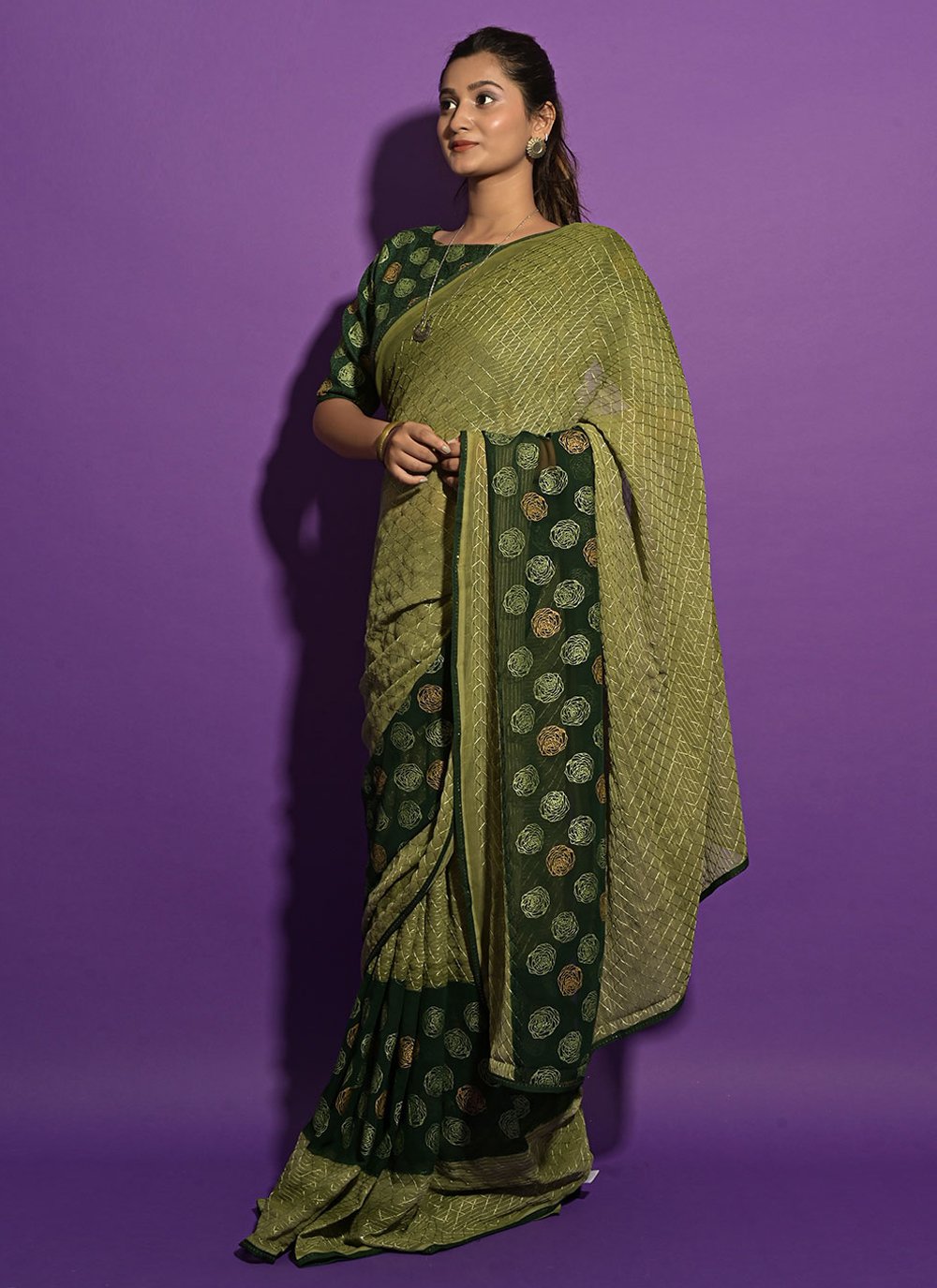 Fancy Fabric Contemporary Saree in Green Enhanced with Embroidered