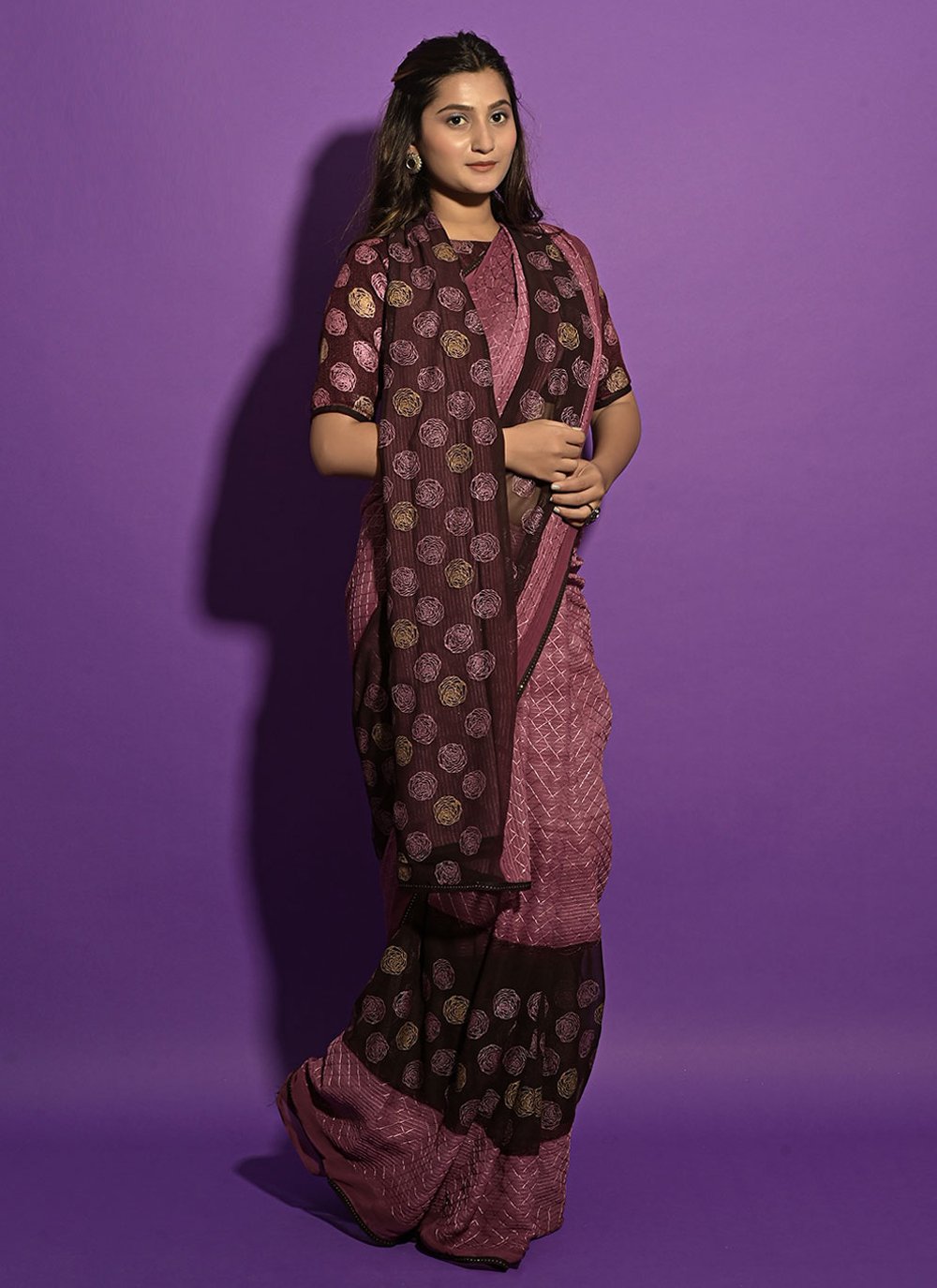 Fancy Fabric Contemporary Saree in Mauve Enhanced with Embroidered