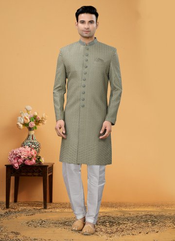 Fancy Fabric Indo Western Sherwani in Green Enhanced with Hand Work