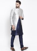 Fancy work Art Dupion Silk Navy Blue and Silver Kurta Payjama With Jacket - 1