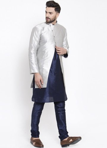 Fancy work Art Dupion Silk Navy Blue and Silver Kurta Payjama With Jacket