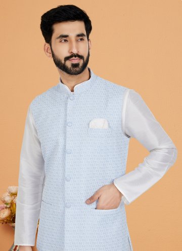 Fancy work Banarasi Aqua Blue and Off White Kurta Payjama With Jacket