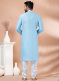 Fancy work Banarasi Aqua Blue Kurta Pyjama - 4