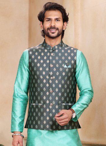 Fancy work Banarasi Green and Grey Kurta Payjama With Jacket