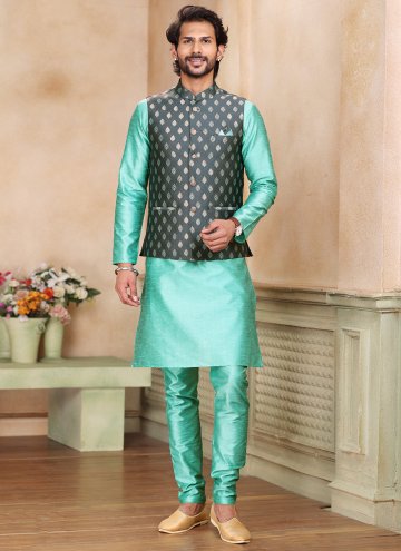 Fancy work Banarasi Green and Grey Kurta Payjama With Jacket