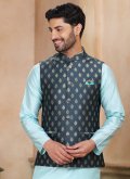 Fancy work Banarasi Grey and Turquoise Kurta Payjama With Jacket - 1