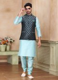 Fancy work Banarasi Grey and Turquoise Kurta Payjama With Jacket - 2