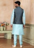 Fancy work Banarasi Grey and Turquoise Kurta Payjama With Jacket - 3