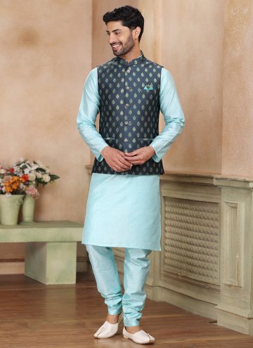 Fancy work Banarasi Grey and Turquoise Kurta Payjama With Jacket
