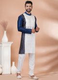 Fancy work Banarasi Navy Blue and White Kurta Pyjama - 1