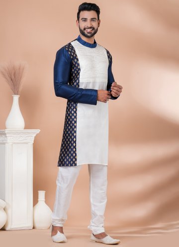 Fancy work Banarasi Navy Blue and White Kurta Pyjama
